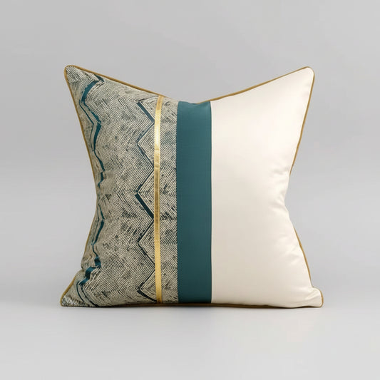 Decorative pillow with geometric pattern and color swatch on a neutral background